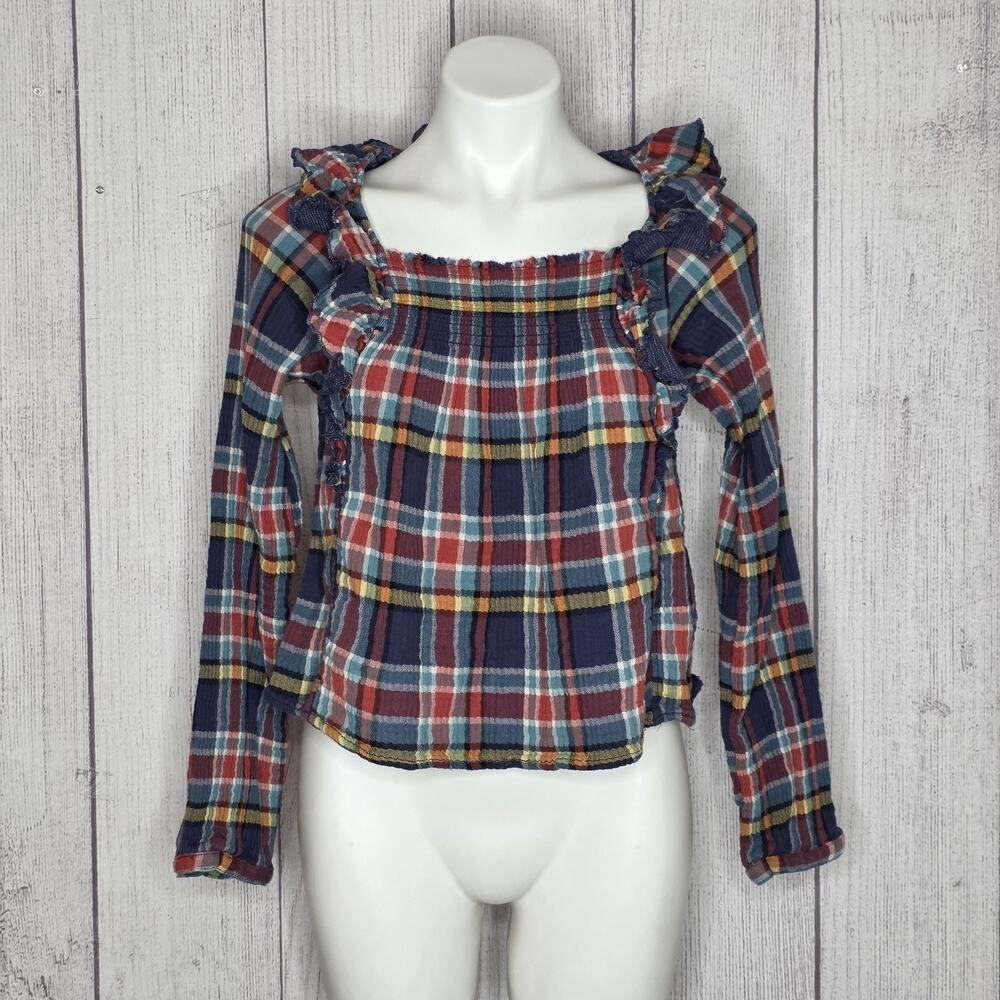 We The Free Plaid Boho Ruffle Hi Low Top, Smocked Open Back With Tie - Small